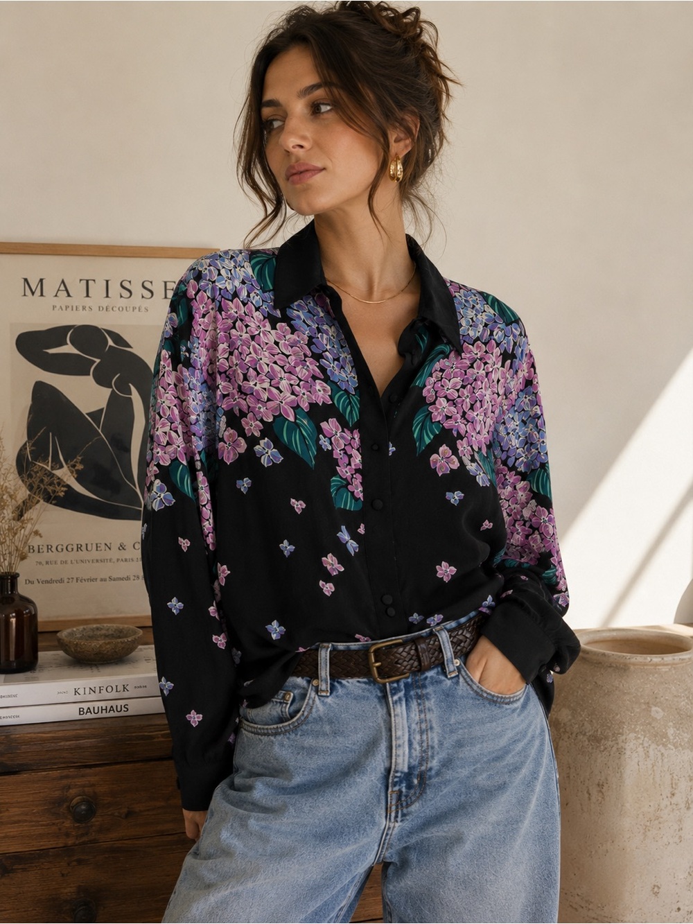 Vintage Bob Mackie Wearable Art 100% Silk Floral Button Down Blouse Medium